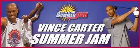 Banner image for the Vince Carter Summar Jam with pictures of Vince playing basketball and golfing
